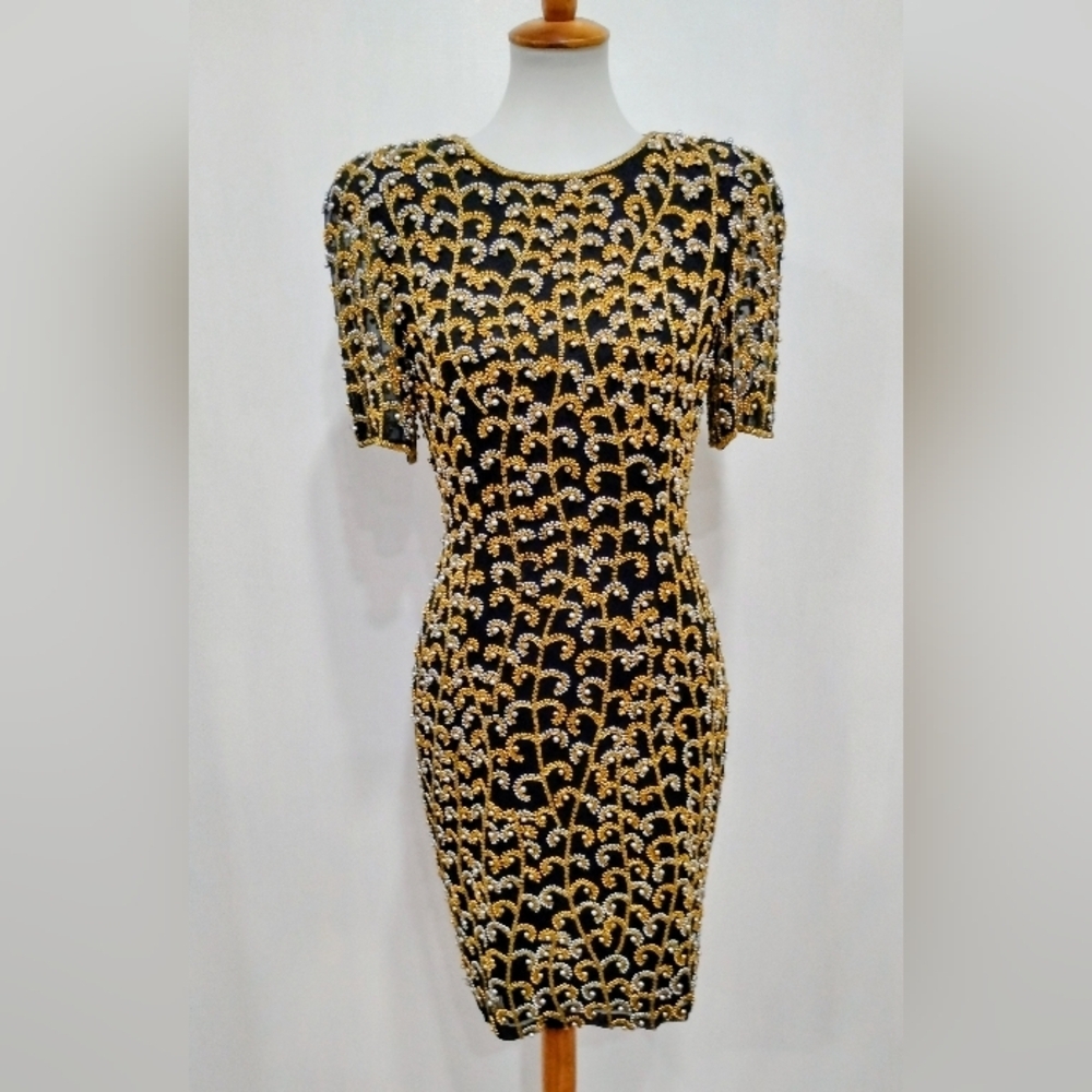 VINTAGE OLEG CASSINI BLACK GOLD BEADED DRESS